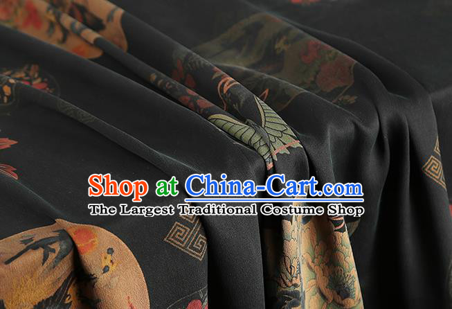 Chinese Classical Phoenix Peony Pattern Gambiered Guangdong Gauze Drapery Brocade Cloth Traditional Cheongsam Black Silk Fabric