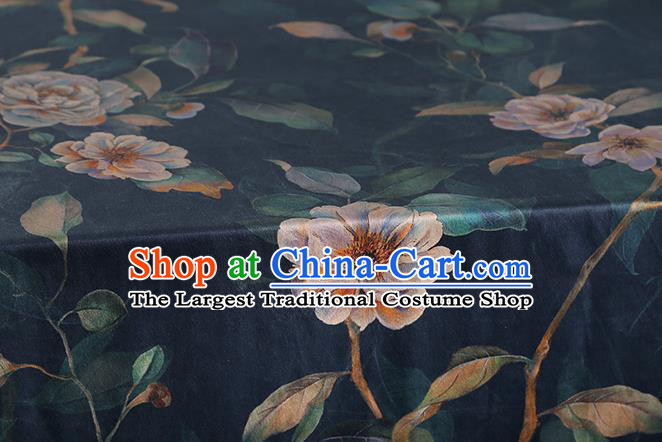 Chinese Cheongsam Printing Navy Silk Drapery Traditional Gambiered Guangdong Gauze Classical Camellia Pattern Brocade Fabric