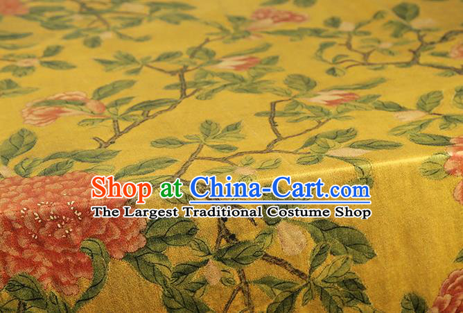 Chinese Classical Peony Pattern Brocade Fabric Traditional Gambiered Guangdong Gauze Cloth Cheongsam Yellow Silk Drapery