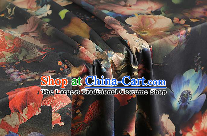 Chinese Traditional Black Brocade Drapery Cheongsam Gambiered Guangdong Gauze Classical Lotus Pattern Silk Fabric