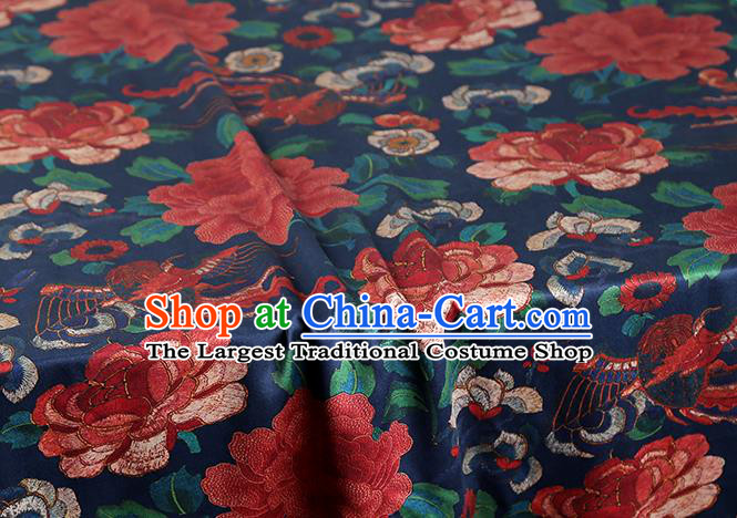 Chinese Traditional Deep Blue Brocade Drapery Cheongsam Classical Peony Pattern Silk Fabric Gambiered Guangdong Gauze