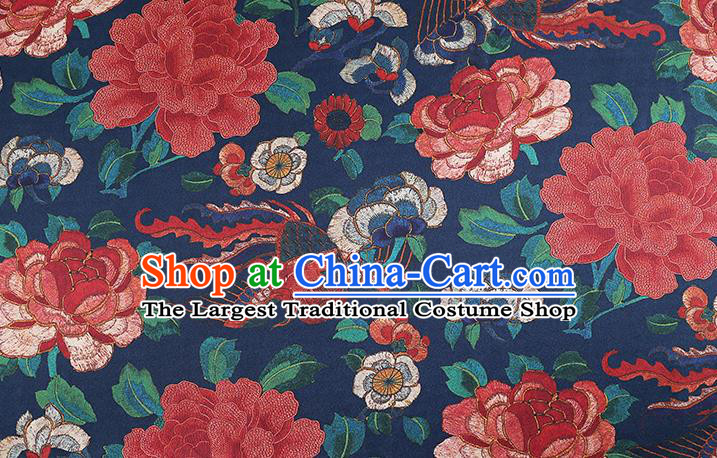 Chinese Traditional Deep Blue Brocade Drapery Cheongsam Classical Peony Pattern Silk Fabric Gambiered Guangdong Gauze