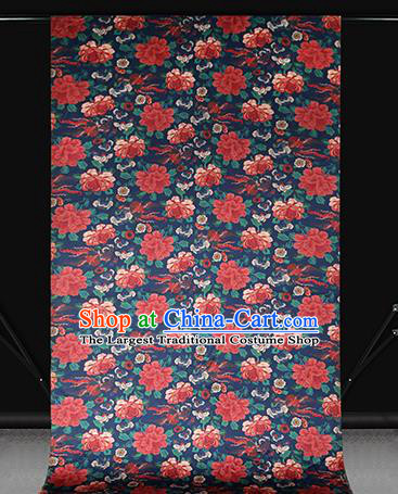 Chinese Traditional Deep Blue Brocade Drapery Cheongsam Classical Peony Pattern Silk Fabric Gambiered Guangdong Gauze