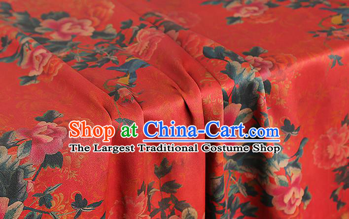 Chinese Cheongsam Gambiered Guangdong Gauze Classical Peony Pattern Silk Fabric Traditional Red Brocade Drapery