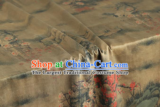 Chinese Cheongsam Silk Fabric Traditional Gambiered Guangdong Gauze Classical Crane Plum Pattern Ginger Brocade Drapery