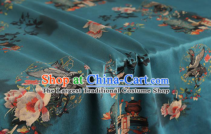 Chinese Classical Crane Flowers Pattern Blue Gambiered Guangdong Gauze Silk Drapery Traditional Cheongsam Brocade Fabric