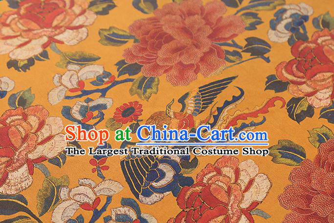 Chinese Gambiered Guangdong Gauze Traditional Cheongsam Silk Drapery Classical Peony Phoenix Pattern Yellow Brocade Fabric