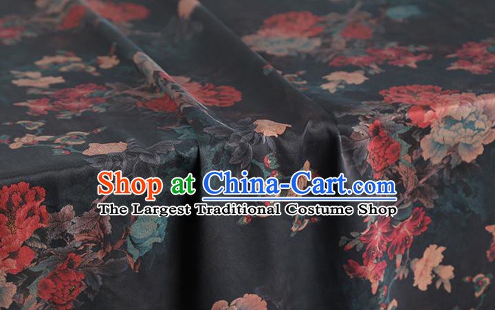 Chinese Traditional Black Brocade Fabric Classical Peony Pattern Silk Drapery Qipao Dress Gambiered Guangdong Gauze