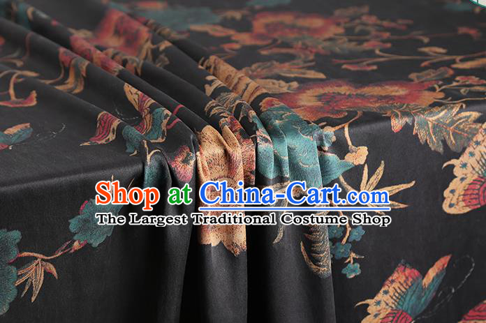 Chinese Classical Peony Butterfly Pattern Silk Drapery Qipao Dress Gambiered Guangdong Gauze Traditional Black Brocade Fabric