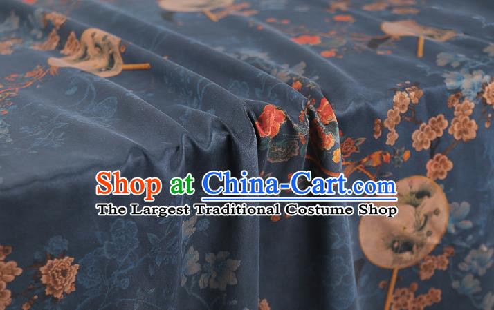 Chinese Classical Plum Blossom Fan Pattern Silk Fabric Navy Gambiered Guangdong Gauze Traditional Qipao Dress Brocade Cloth
