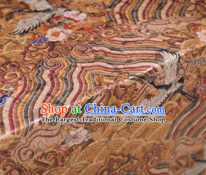 Chinese Classical Wave Cranes Pattern Silk Fabric Traditional Cheongsam Ginger Brocade Material Tapestry