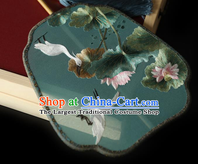 China Handmade Embroidered Crane Lotus Fans Ancient Princess Palace Fan Traditional Hanfu Green Silk Fan