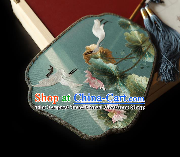 China Handmade Embroidered Crane Lotus Fans Ancient Princess Palace Fan Traditional Hanfu Green Silk Fan