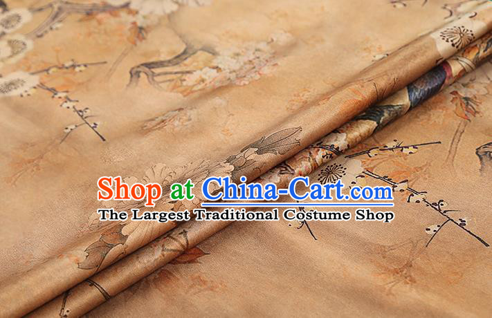 Chinese Traditional Qipao Dress Apricot Silk Fabric Classical Plum Blossom Pattern Gambiered Guangdong Gauze Drapery