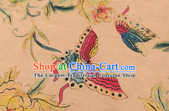 Chinese Classical Peony Butterfly Pattern Gambiered Guangdong Gauze Drapery Traditional Qipao Dress Beige Silk Fabric