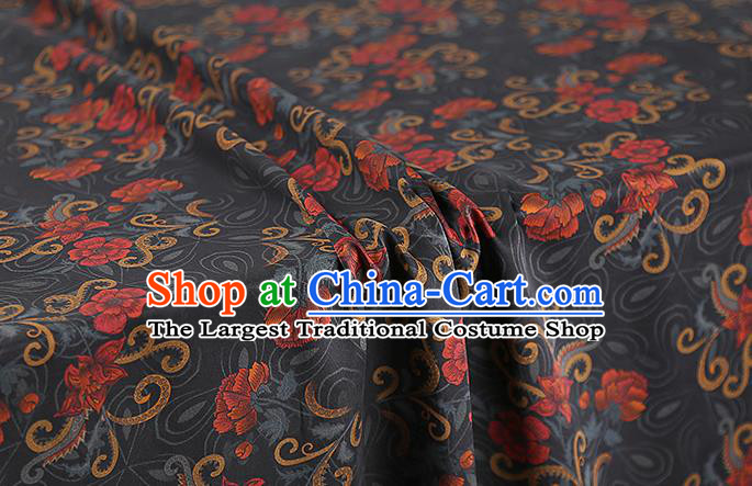 Chinese Classical Black Silk Fabric Traditional Qipao Dress Flowers Pattern Gambiered Guangdong Gauze Material
