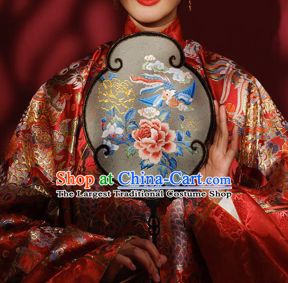 China Handmade Embroidered Phoenix Peony Fans Traditional Wedding Hanfu Silk Palace Fan Ancient Bride Ebony Fan