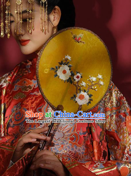 China Ancient Bride Ebony Fan Handmade Embroidered Fans Traditional Wedding Hanfu Yellow Silk Palace Fan