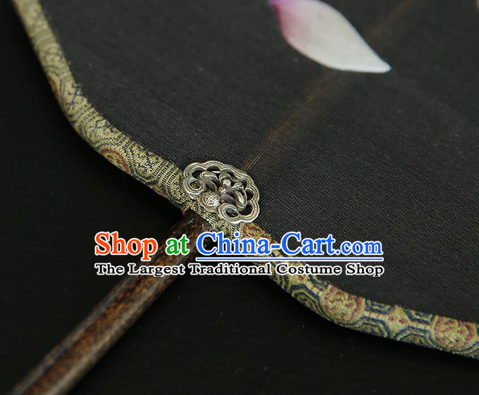 China Traditional Hanfu Palace Fan Ancient Court Princess Grey Silk Fan Handmade Embroidered Lotus Fans