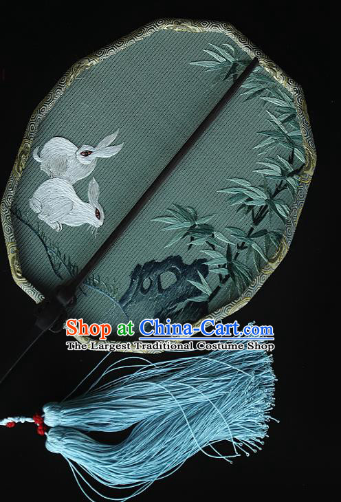 China Handmade Embroidered Rabbit Bamboo Fans Ancient Court Princess Fan Traditional Hanfu Green Silk Palace Fan