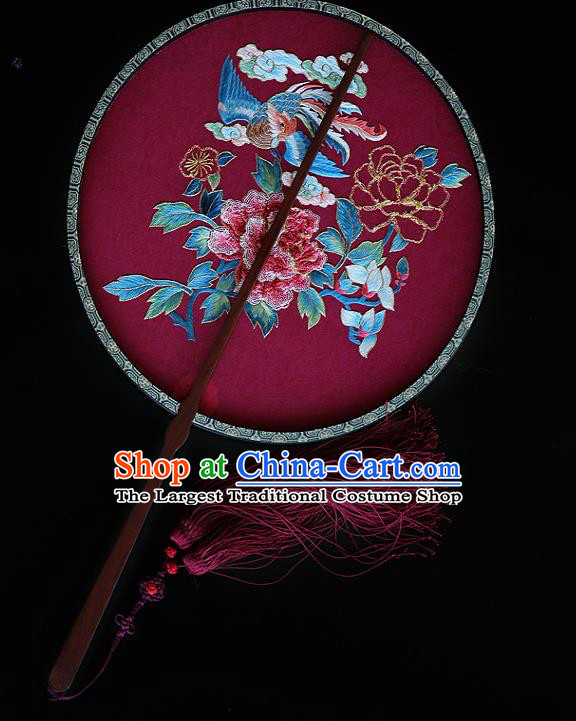 China Handmade Embroidered Phoenix Peony Circular Fans Traditional Hanfu Palace Fan Ancient Court Princess Wine Red Silk Fan