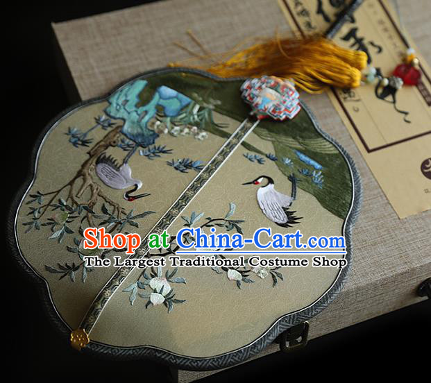 China Embroidered Crane Peach Silk Fan Handmade Ebony Fans Traditional Hanfu Palace Fan
