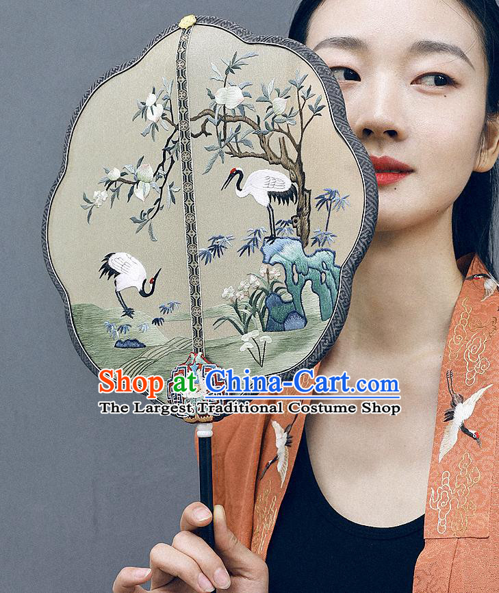 China Embroidered Crane Peach Silk Fan Handmade Ebony Fans Traditional Hanfu Palace Fan