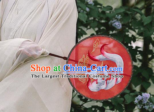 China Handmade Rosewood Circular Fans Traditional Hanfu Palace Fan Embroidered Nine Tail Fox Red Silk Fan
