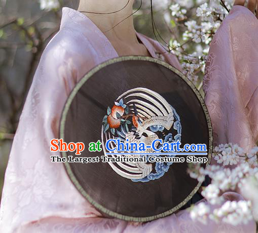 China Traditional Hanfu Palace Fan Embroidered Crane Black Silk Fan Handmade Rosewood Circular Fans