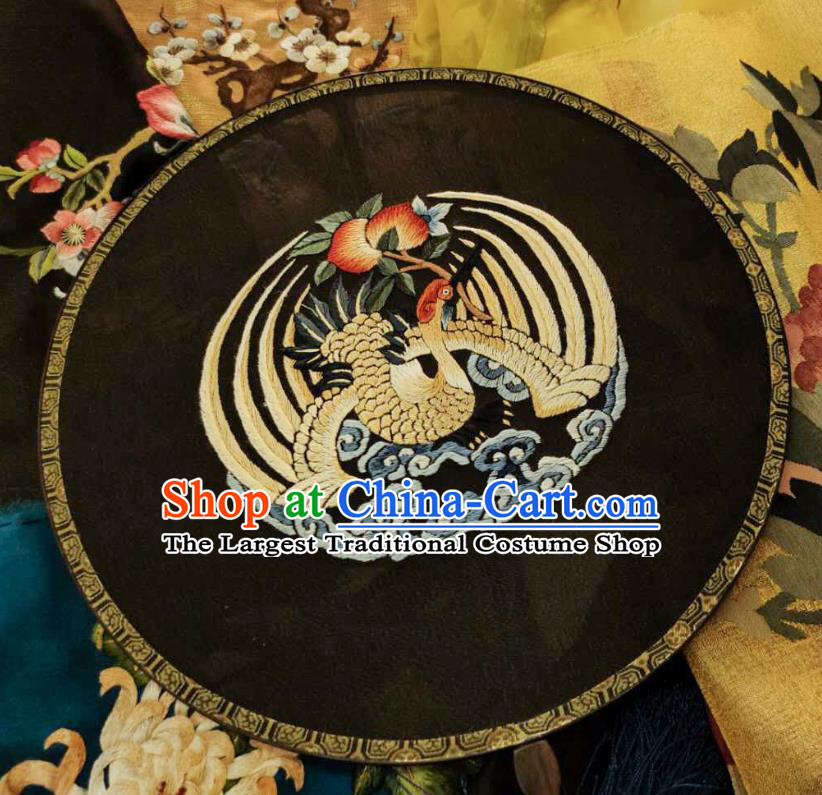 China Traditional Hanfu Palace Fan Embroidered Crane Black Silk Fan Handmade Rosewood Circular Fans