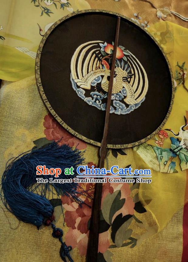 China Traditional Hanfu Palace Fan Embroidered Crane Black Silk Fan Handmade Rosewood Circular Fans