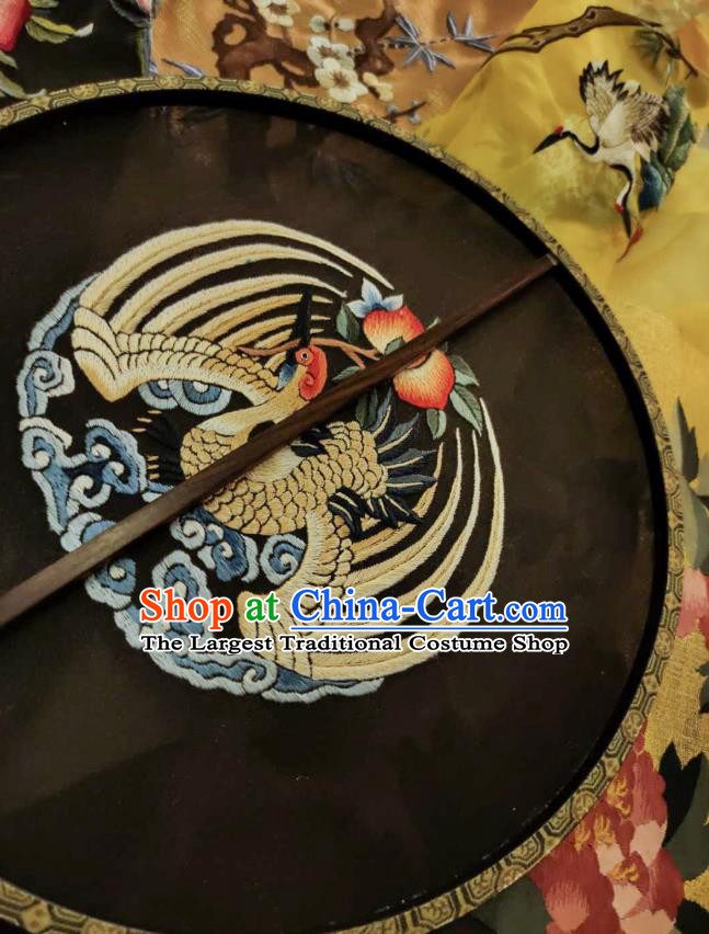 China Traditional Hanfu Palace Fan Embroidered Crane Black Silk Fan Handmade Rosewood Circular Fans