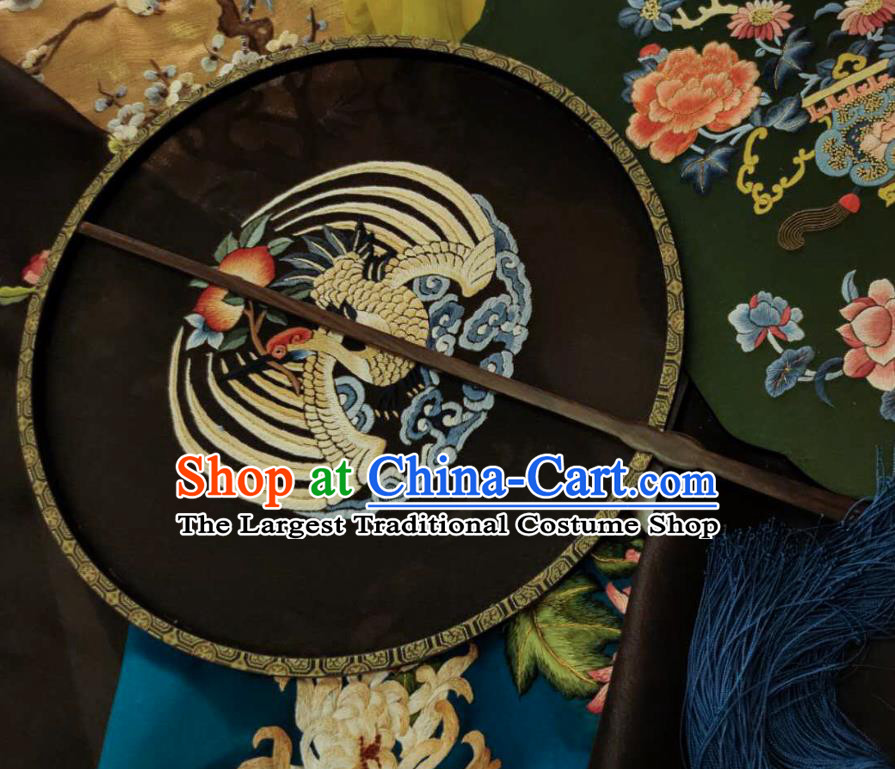 China Traditional Hanfu Palace Fan Embroidered Crane Black Silk Fan Handmade Rosewood Circular Fans