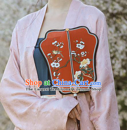 China Traditional Wedding Hanfu Palace Fan Handmade Rosewood Fans Embroidered Plum Blossom Red Silk Fan