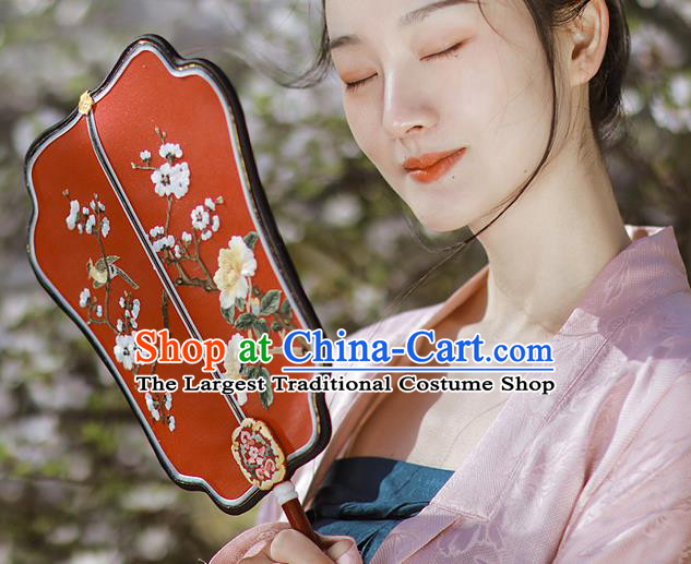 China Traditional Wedding Hanfu Palace Fan Handmade Rosewood Fans Embroidered Plum Blossom Red Silk Fan