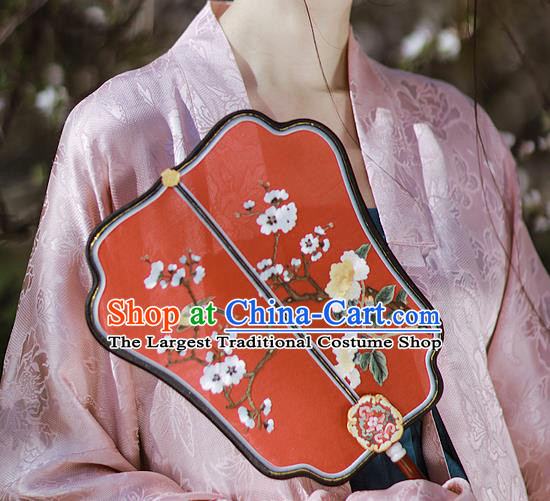 China Traditional Wedding Hanfu Palace Fan Handmade Rosewood Fans Embroidered Plum Blossom Red Silk Fan