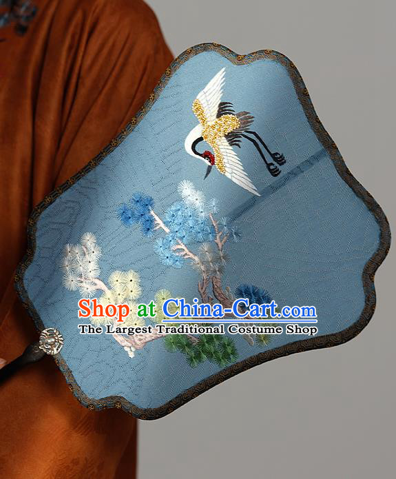 China Ancient Court Princess Fan Traditional Hanfu Blue Silk Palace Fan Handmade Embroidered Pine Crane Fans