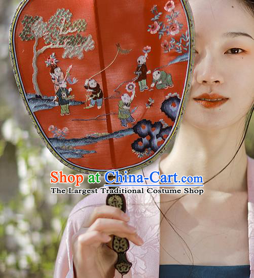 China Handmade Hanfu Fans Embroidered Children Red Silk Fan Traditional Wedding Palace Fan