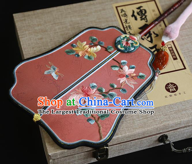 China Traditional Hanfu Pink Silk Fan Wedding Embroidered Chrysanthemum Palace Fan Handmade Fans