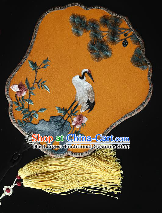 China Traditional Hanfu Orange Silk Palace Fan Handmade Embroidered Pine Crane Fans Ancient Court Princess Fan