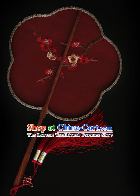 China Ancient Court Princess Palace Fan Handmade Embroidered Plum Blossom Fans Traditional Hanfu Red Silk Fan