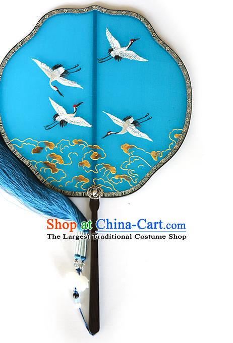 China Handmade Embroidered Cranes Palace Fan Traditional Court Hanfu Fan Wedding Blue Silk Fan