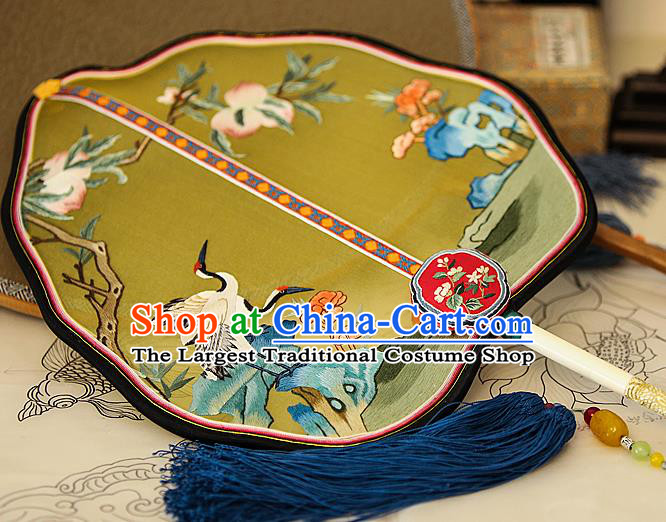 China Wedding Yellow Silk Fan Handmade Palace Fan Traditional Court Hanfu Embroidered Crane Fan