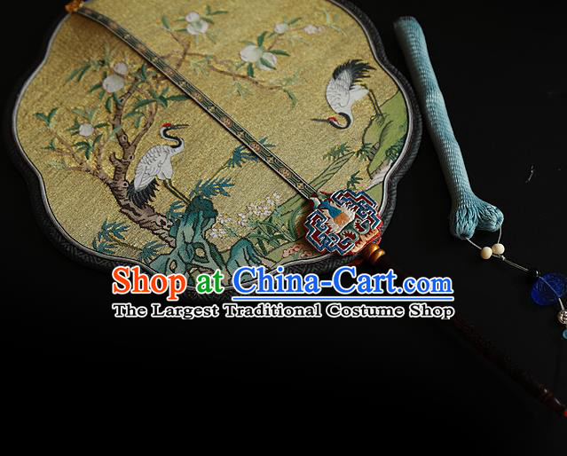 China Kesi Wedding Fan Traditional Hanfu Silk Fan Handmade Crane Peach Pattern Palace Fan