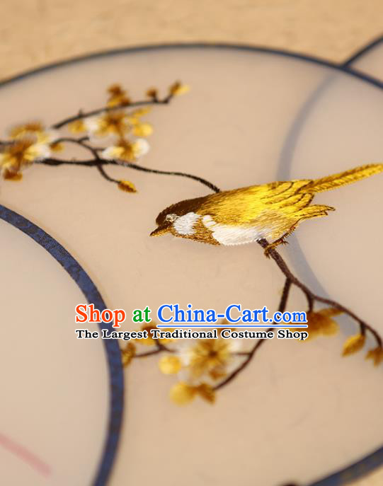 China Handmade Embroidered Plum Bird Circular Fan Ancient Hanfu Palace Fan Traditional Silk Fans