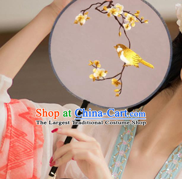 China Handmade Embroidered Plum Bird Circular Fan Ancient Hanfu Palace Fan Traditional Silk Fans