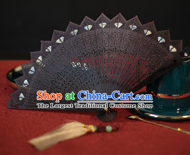 China Traditional Sandalwood Carving Fan Accordion Classical Folding Fan Black Hollowed Fans