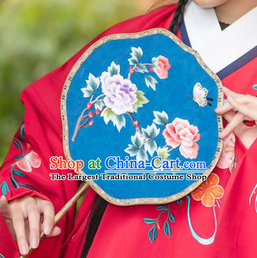 China Embroidered Peony Fan Traditional Blue Silk Fans Ancient Hanfu Palace Fan