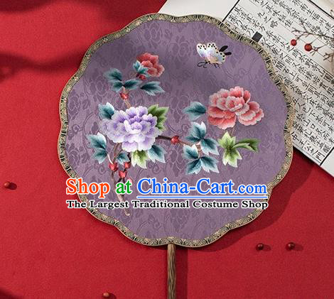 China Traditional Hanfu Lilac Silk Fans Embroidered Peony Fan Ancient Noble Lady Palace Fan