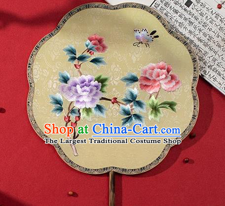 China Traditional Hanfu Yellow Silk Fans Embroidered Peony Fan Ancient Noble Lady Palace Fan